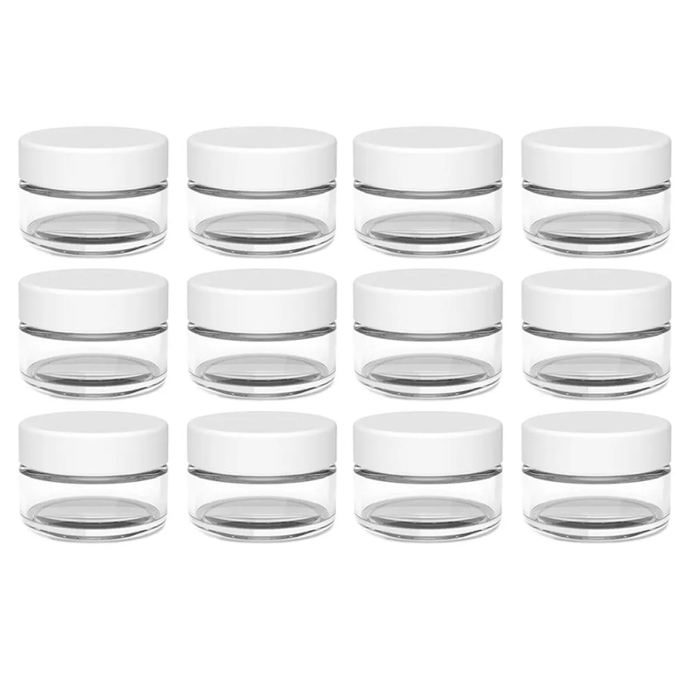 12 Empty Clear Round Jars Small Cosmetic Sample Size Travel Cream Container Lids