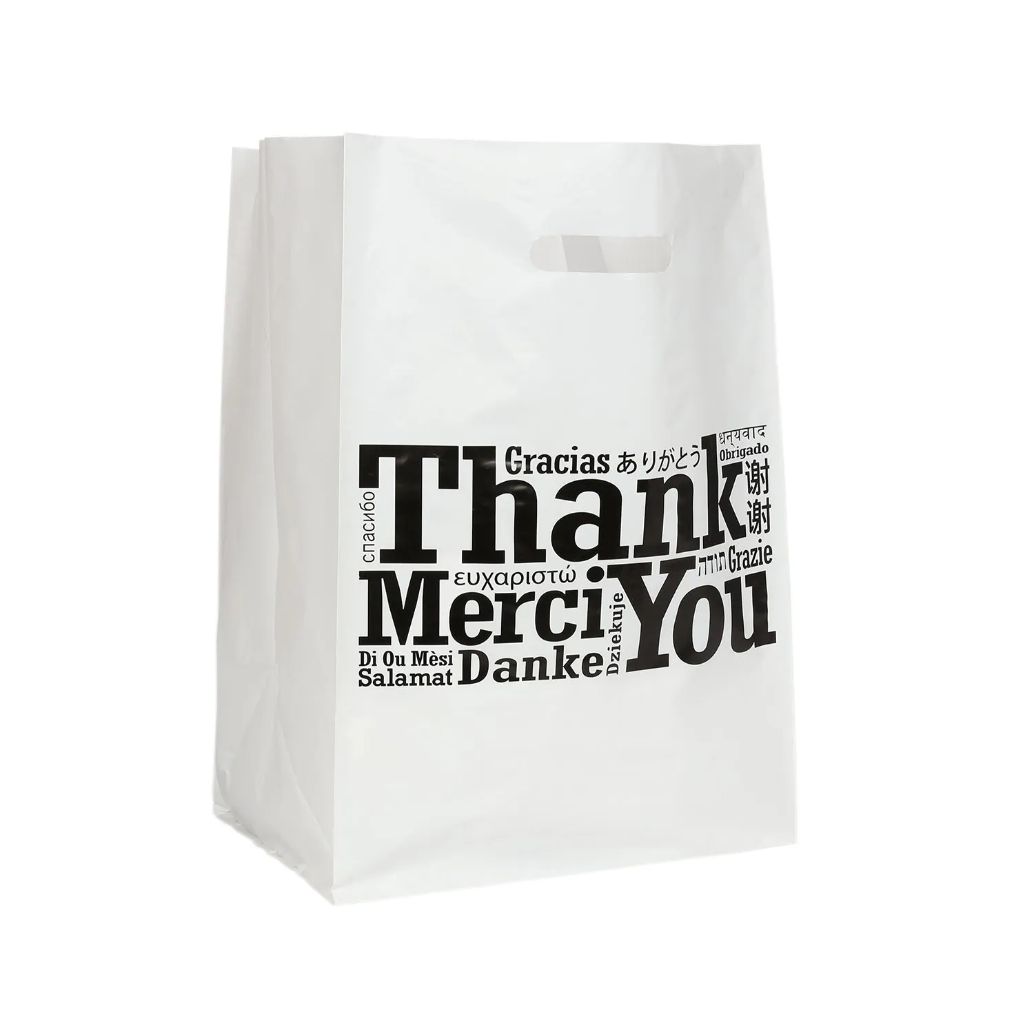 12" x 10" x 17" Die Cut Handled Multilingual Shopping Bags, Case of 200