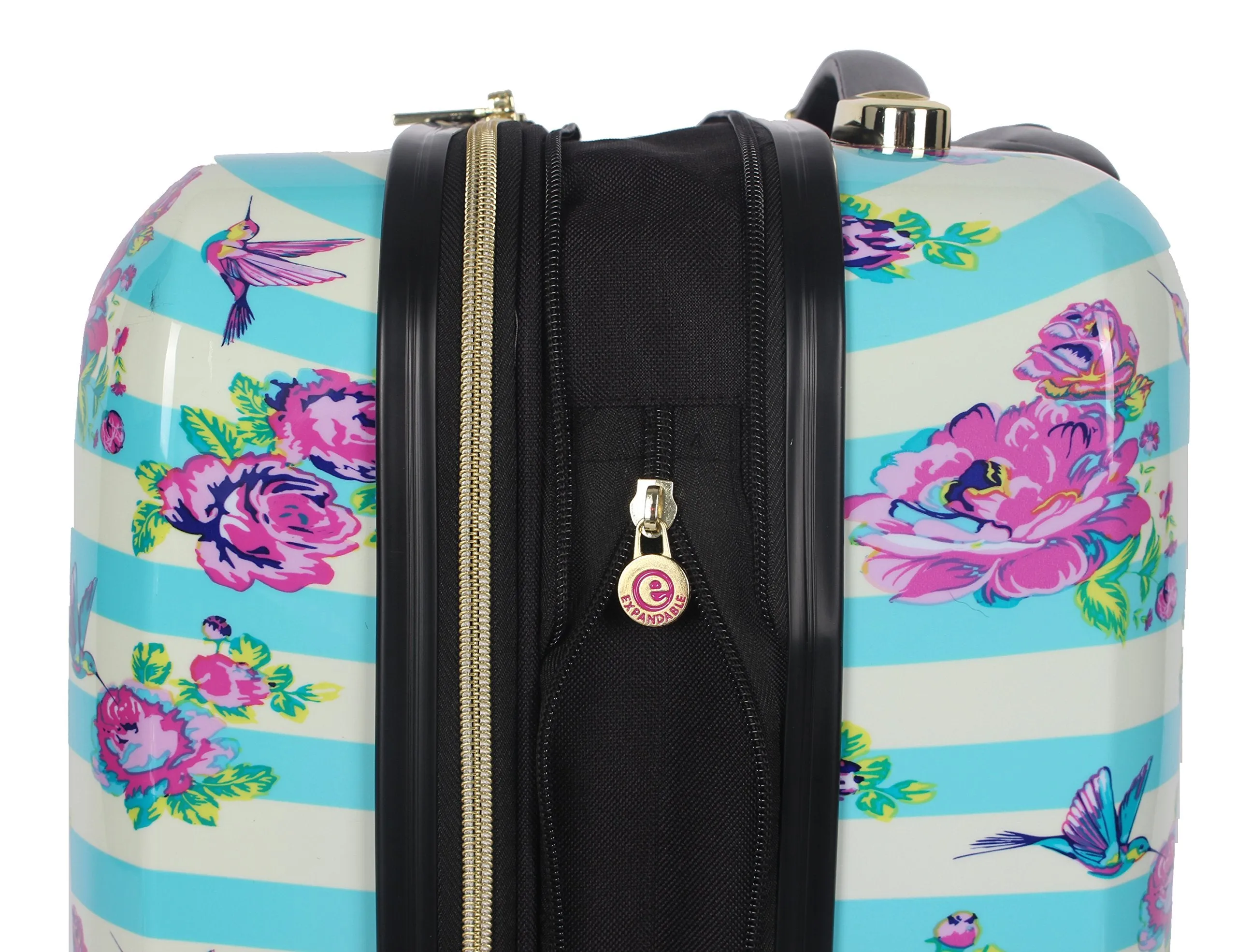 Betsey Johnson 26 Inch Checked Luggage Collection - Expandable Scratch Resistant (ABS   PC) Hardside Suitcase - Designer Lightweight Bag with 8-Rolling Spinner Wheels (Stripe Floral Hummingbird)