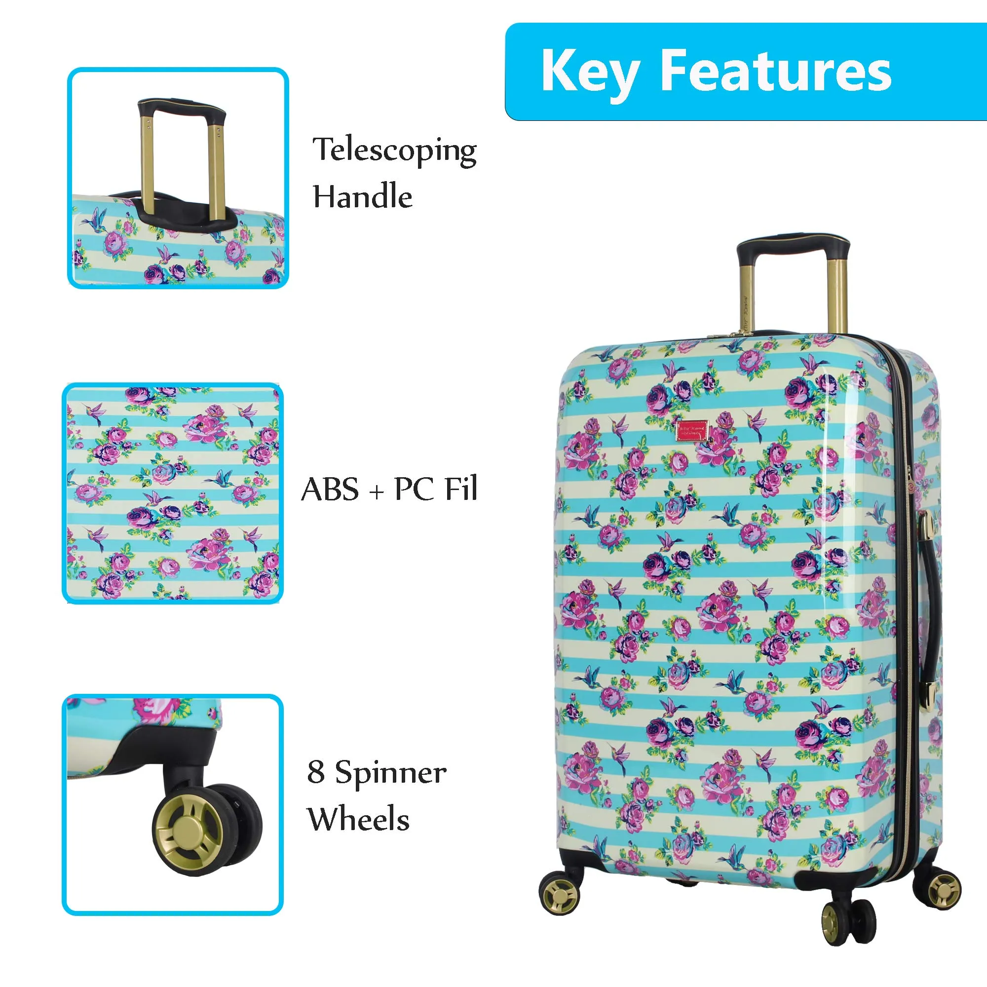 Betsey Johnson 26 Inch Checked Luggage Collection - Expandable Scratch Resistant (ABS   PC) Hardside Suitcase - Designer Lightweight Bag with 8-Rolling Spinner Wheels (Stripe Floral Hummingbird)