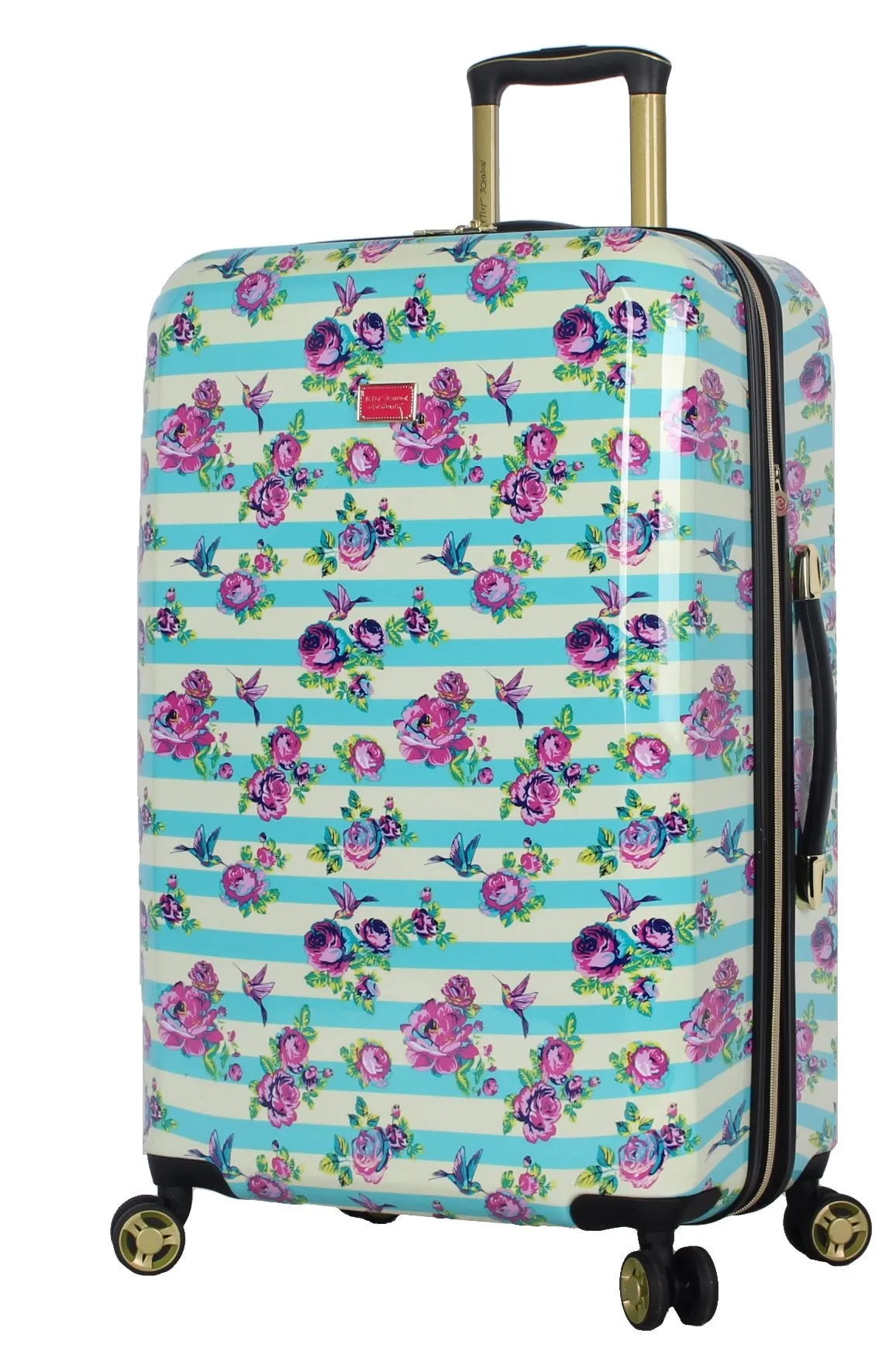 Betsey Johnson 26 Inch Checked Luggage Collection - Expandable Scratch Resistant (ABS   PC) Hardside Suitcase - Designer Lightweight Bag with 8-Rolling Spinner Wheels (Stripe Floral Hummingbird)