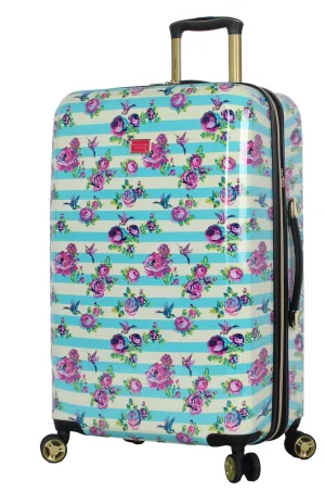 Betsey Johnson 26 Inch Checked Luggage Collection - Expandable Scratch Resistant (ABS   PC) Hardside Suitcase - Designer Lightweight Bag with 8-Rolling Spinner Wheels (Stripe Floral Hummingbird)
