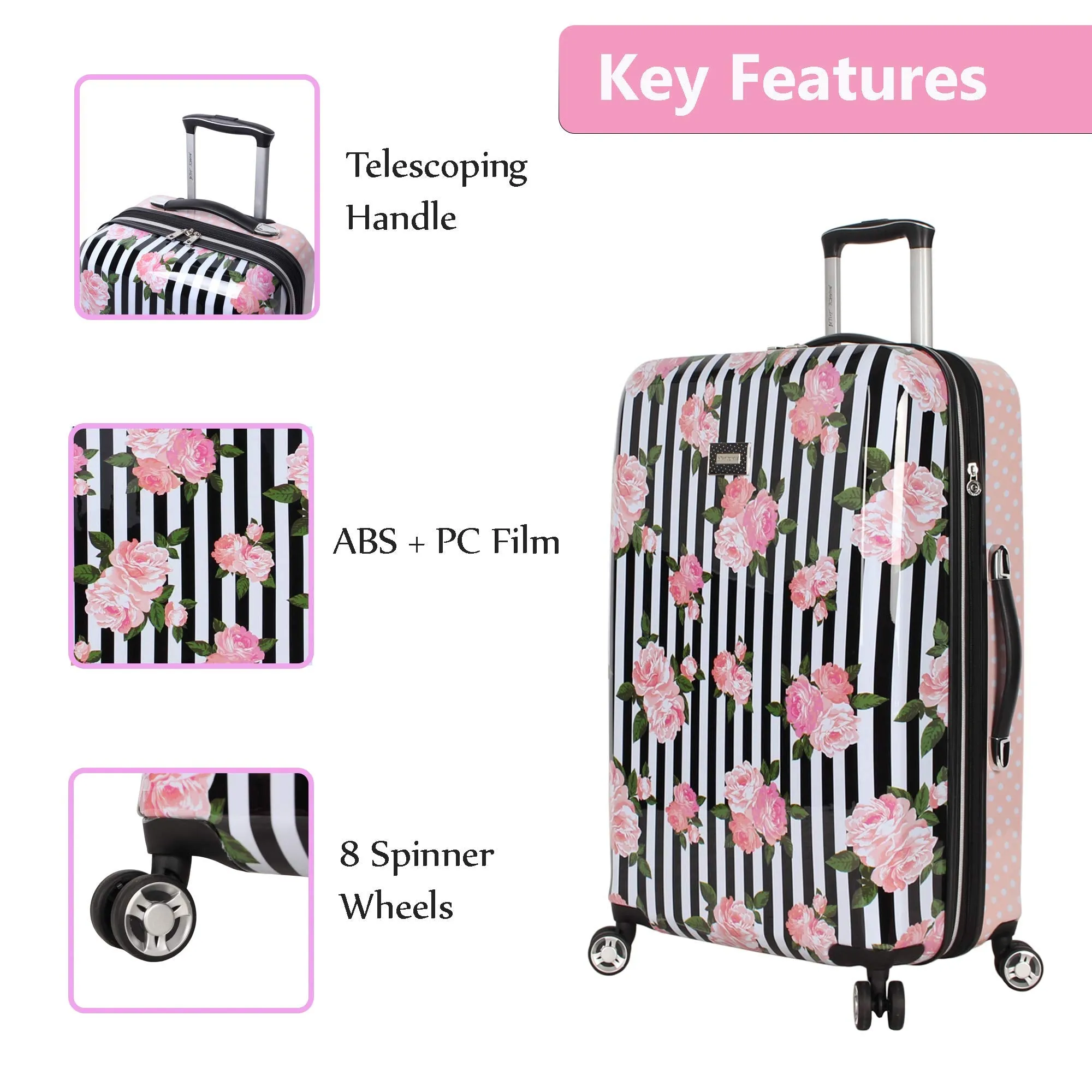 Betsey Johnson 30 Inch Checked Luggage Collection - Expandable Scratch Resistant (ABS   PC) Hardside Suitcase - Designer Lightweight Bag with 8-Rolling Spinner Wheels (Stripe Roses)