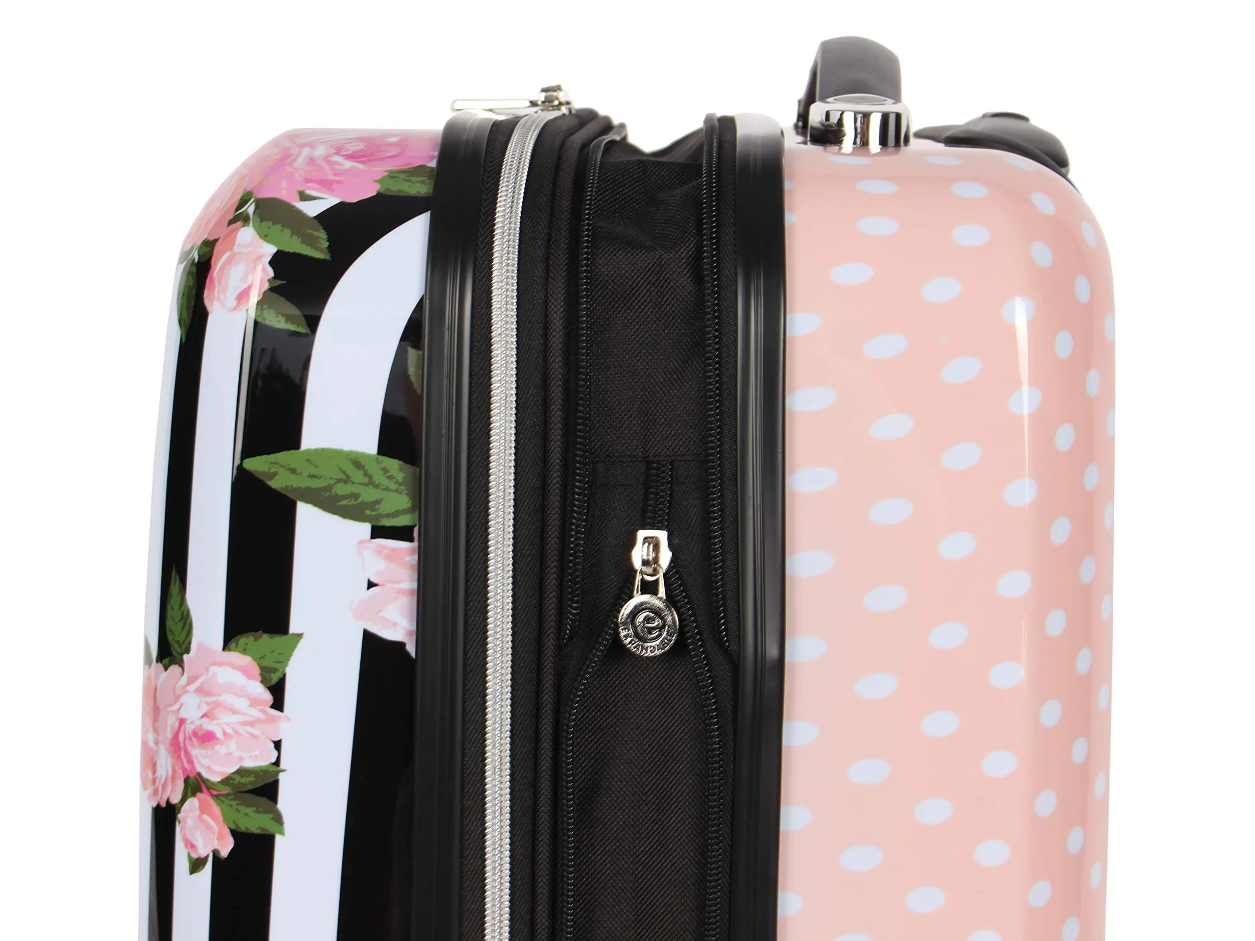 Betsey Johnson 30 Inch Checked Luggage Collection - Expandable Scratch Resistant (ABS   PC) Hardside Suitcase - Designer Lightweight Bag with 8-Rolling Spinner Wheels (Stripe Roses)