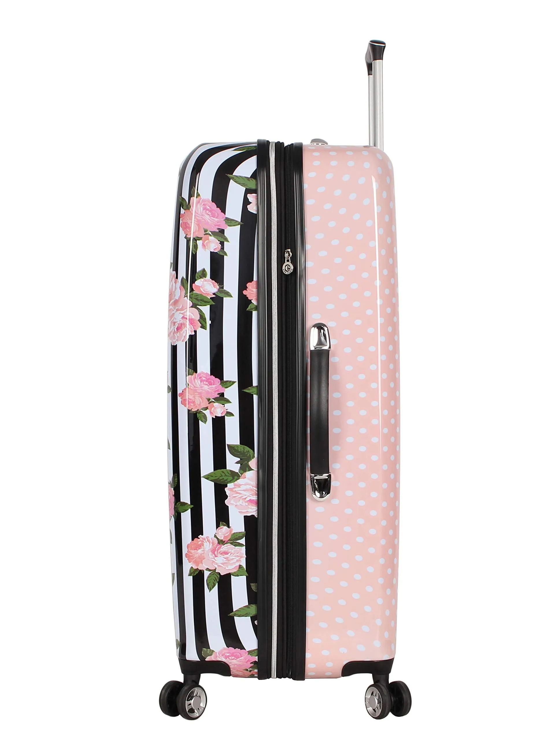 Betsey Johnson 30 Inch Checked Luggage Collection - Expandable Scratch Resistant (ABS   PC) Hardside Suitcase - Designer Lightweight Bag with 8-Rolling Spinner Wheels (Stripe Roses)