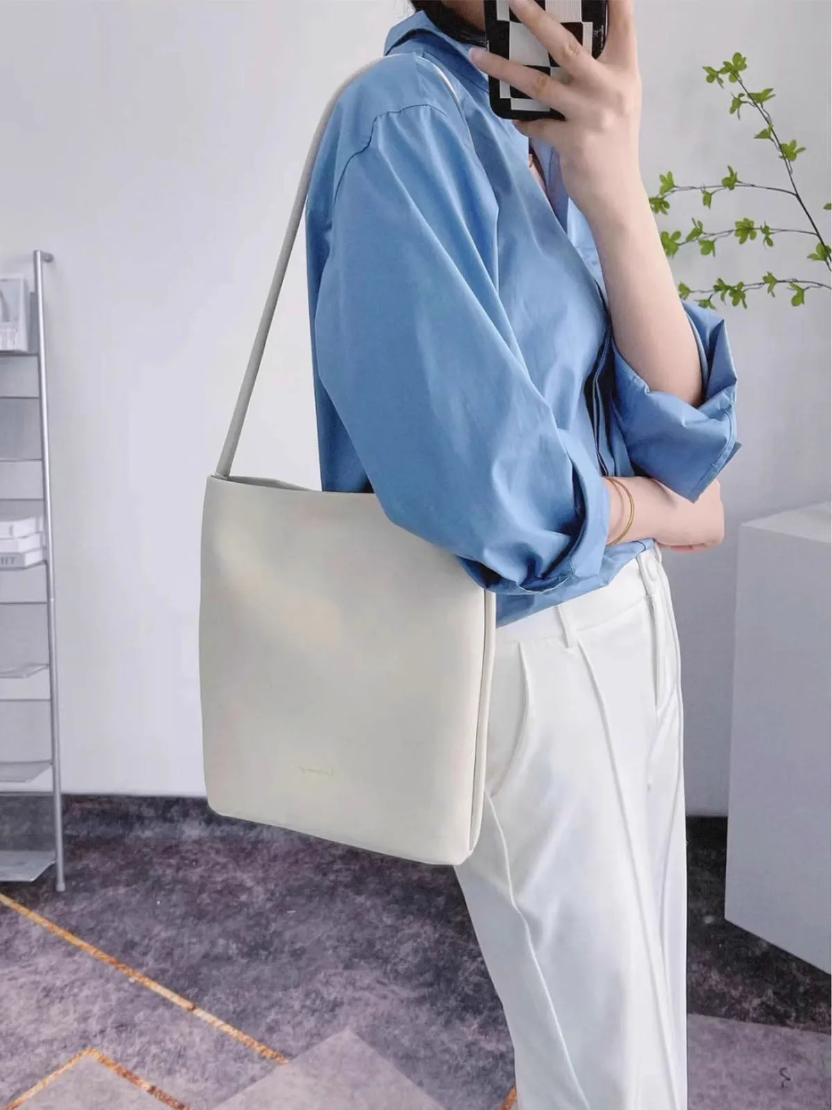 Creamy White Cowhide Leather Tote Bag
