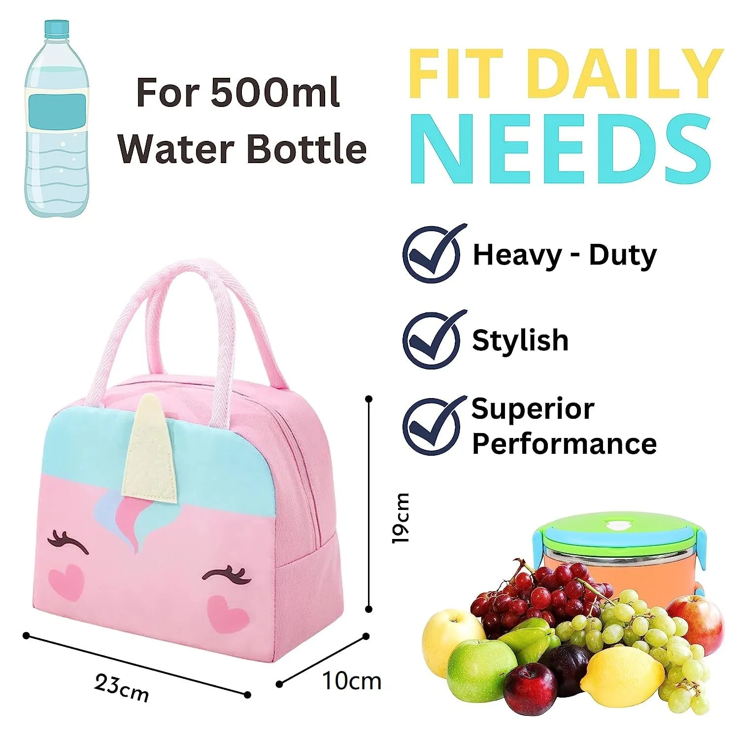 Cute 3d design Animal Printed Insulated  Lunch bag for kids (Pink Unicorn)