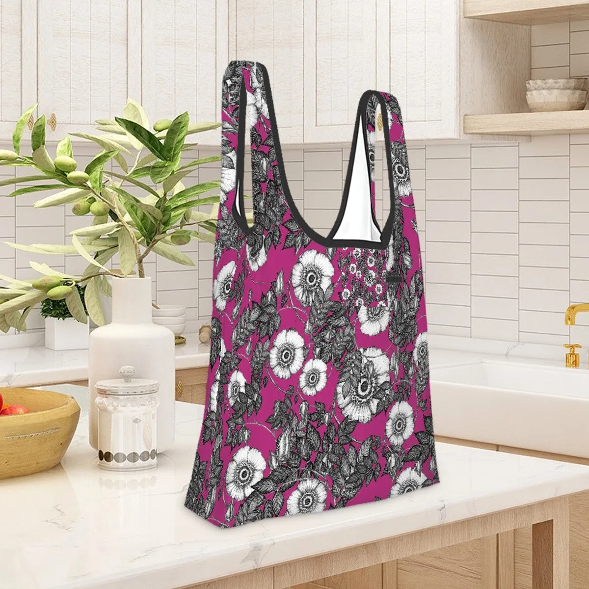 Folding Shopping Bag (Polyester with storage pouch) Wild Rose 2
