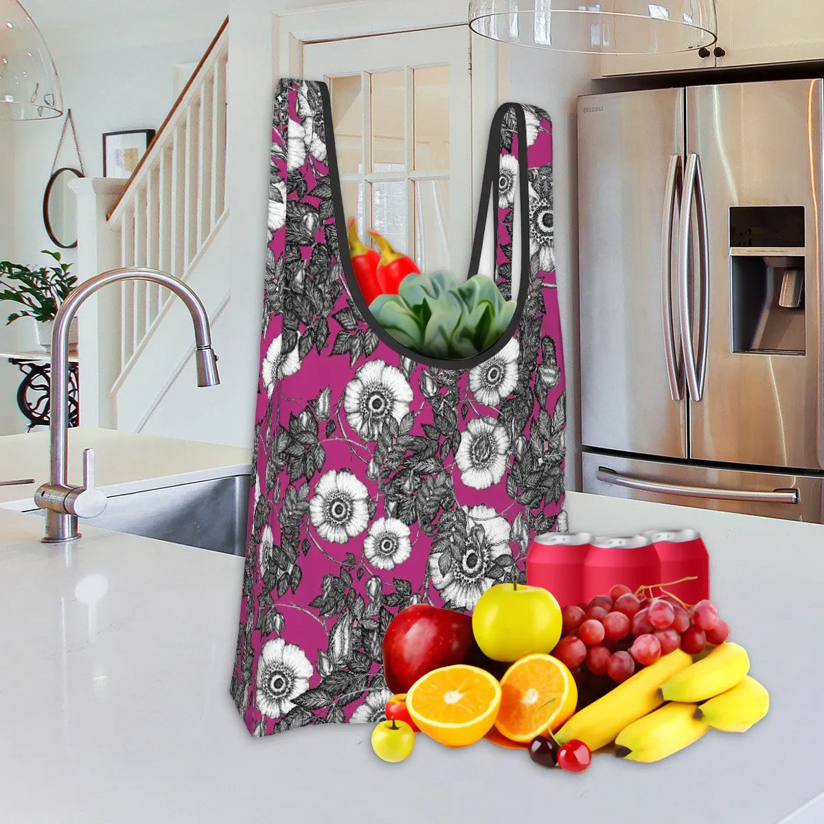 Folding Shopping Bag (Polyester with storage pouch) Wild Rose 2