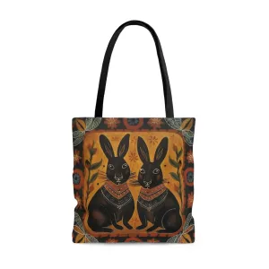 Folk Art Bunny Couple Tote Bag - Cute Cottagecore Totebag Makes the Perfect Gift