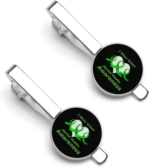 In May We Wear Green Mental Health Awareness Month Tie Clips for Men 2 Pcs Necktie Bar Pinch Clothing Accessories Suitable for Wedding Business Anniversary