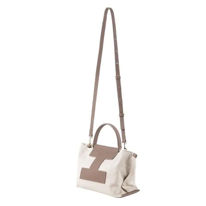 INA - Mini Tote Bag in Leather & Canvas _ White & Cream