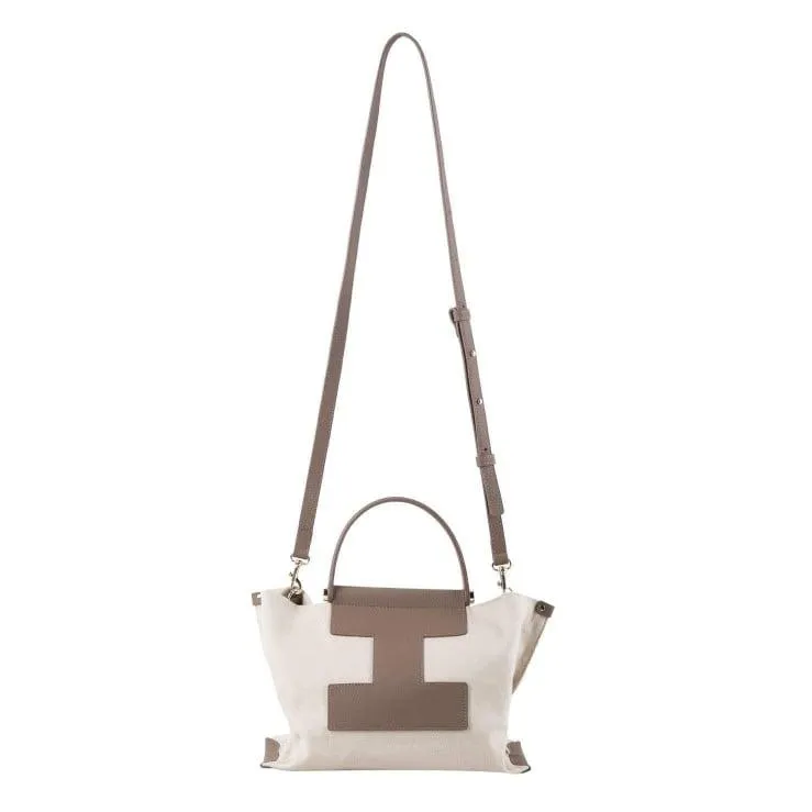 INA - Mini Tote Bag in Leather & Canvas _ White & Cream