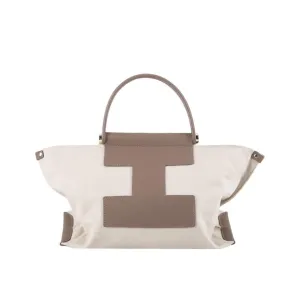 INA - Mini Tote Bag in Leather & Canvas _ White & Cream