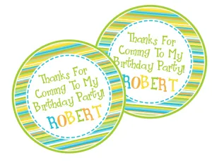 Lime & Blue Striped Birthday Party Stickers Or Favor Tags