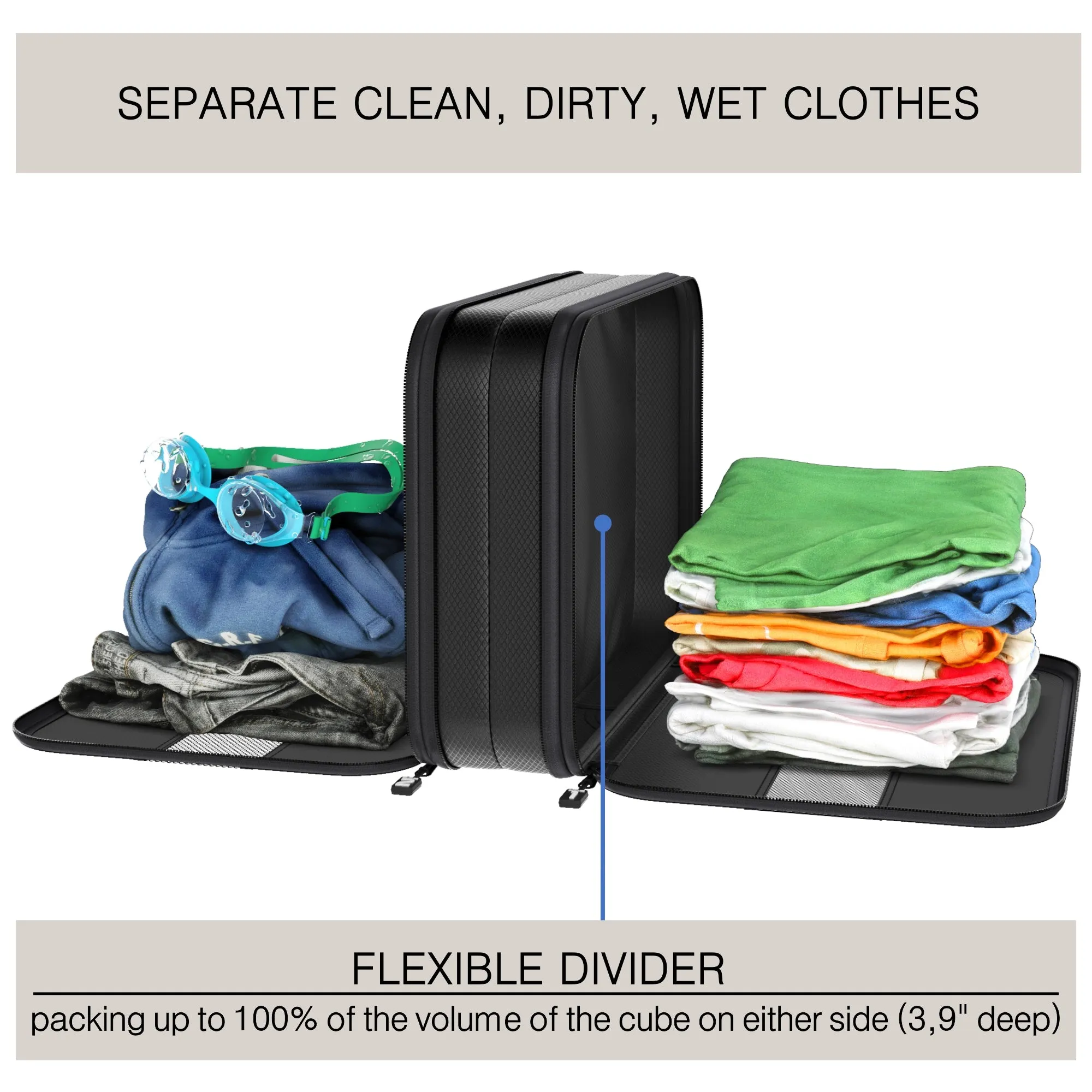 Premium Compression Packing Cubes Double-Sided / Clean Dirty  - Bag Factor Dual-Sided Luggage Organizer Set for Travel