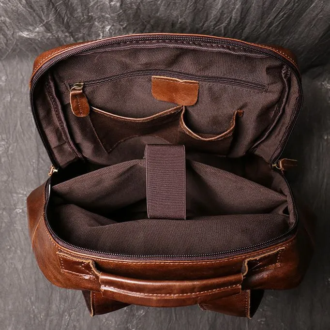 Retro Full Grain Leather Backpack Mens Leather Travel Backpack Genuine Leather Large Capacity Handle Bag Unisex Laptop Bag