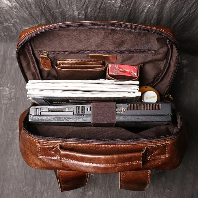 Retro Full Grain Leather Backpack Mens Leather Travel Backpack Genuine Leather Large Capacity Handle Bag Unisex Laptop Bag