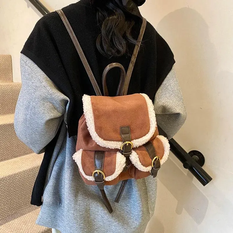 Suede Backpacks Small Faux Fur Contrast Edged Snap Drawstring Flap Outer Pockets