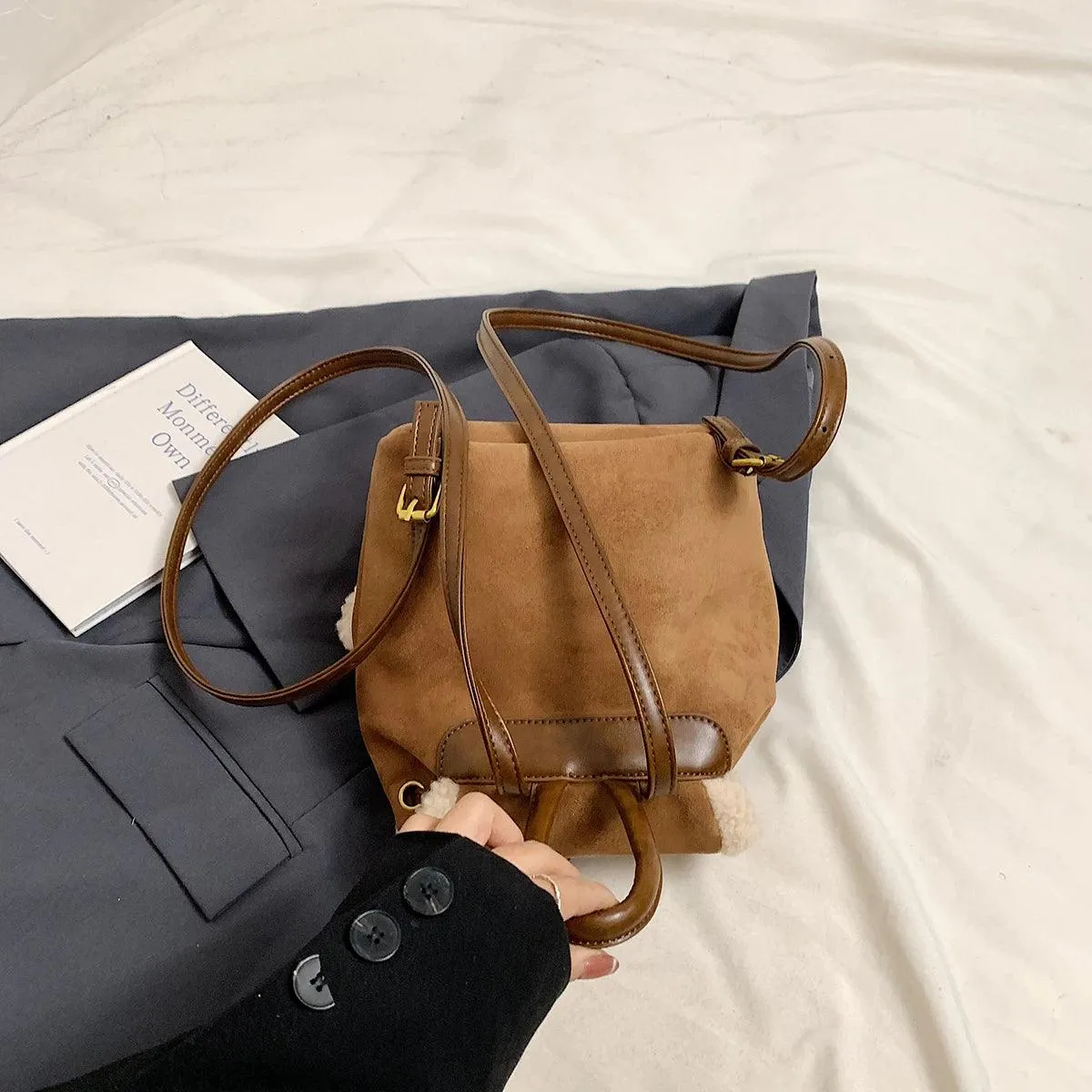 Suede Backpacks Small Faux Fur Contrast Edged Snap Drawstring Flap Outer Pockets