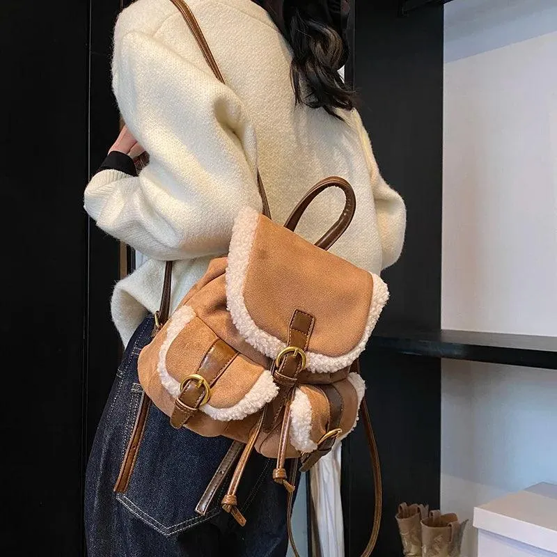Suede Backpacks Small Faux Fur Contrast Edged Snap Drawstring Flap Outer Pockets