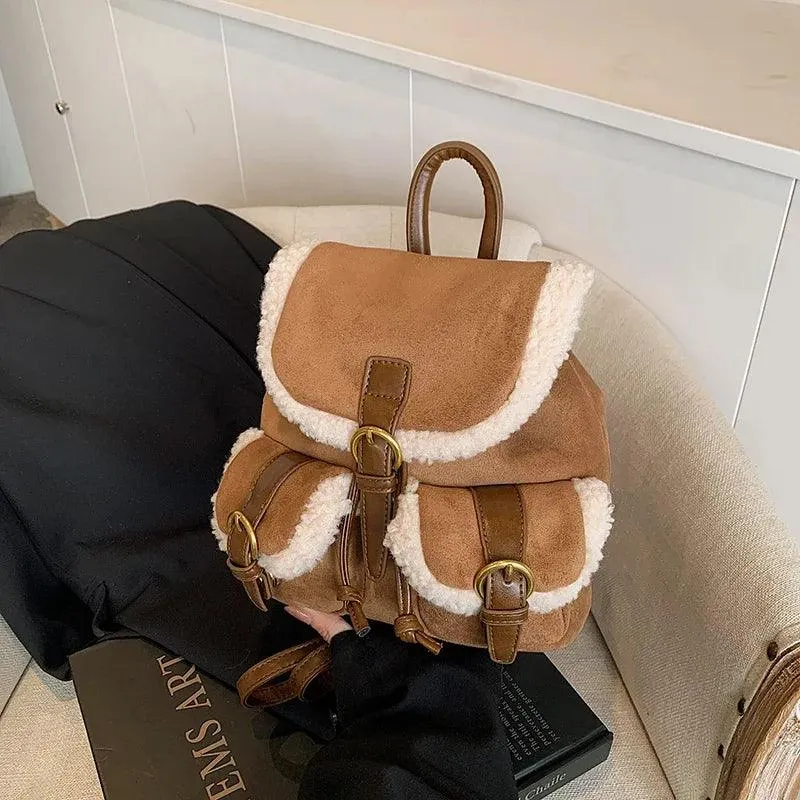 Suede Backpacks Small Faux Fur Contrast Edged Snap Drawstring Flap Outer Pockets