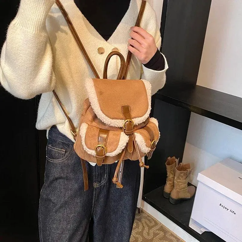 Suede Backpacks Small Faux Fur Contrast Edged Snap Drawstring Flap Outer Pockets