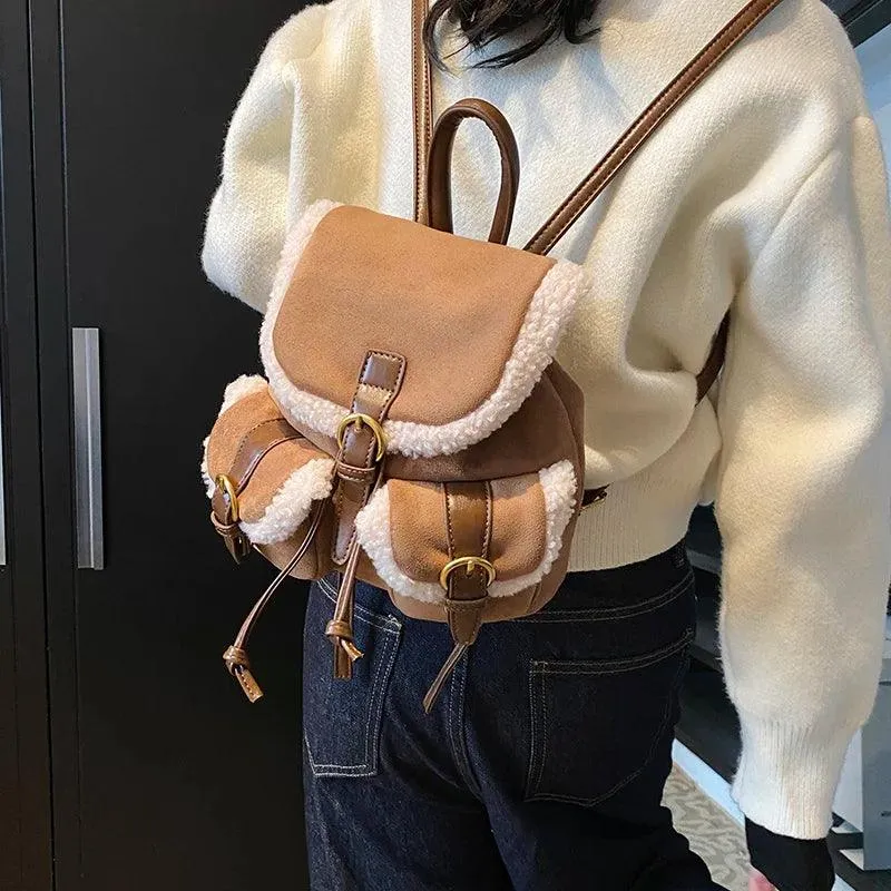 Suede Backpacks Small Faux Fur Contrast Edged Snap Drawstring Flap Outer Pockets