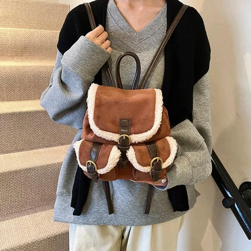 Suede Backpacks Small Faux Fur Contrast Edged Snap Drawstring Flap Outer Pockets