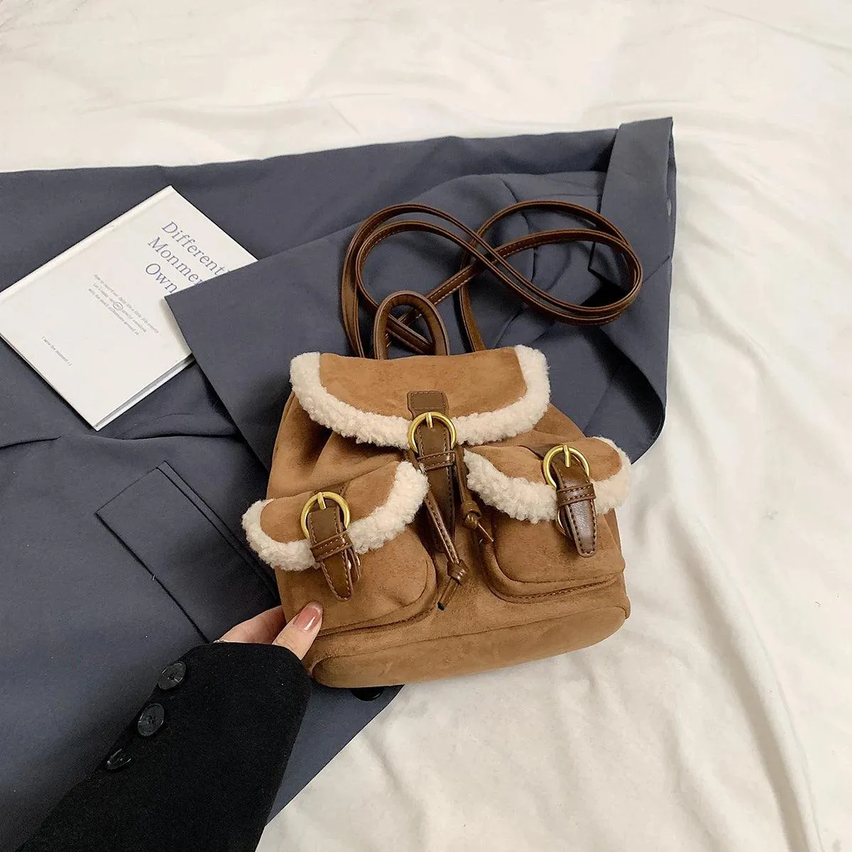 Suede Backpacks Small Faux Fur Contrast Edged Snap Drawstring Flap Outer Pockets
