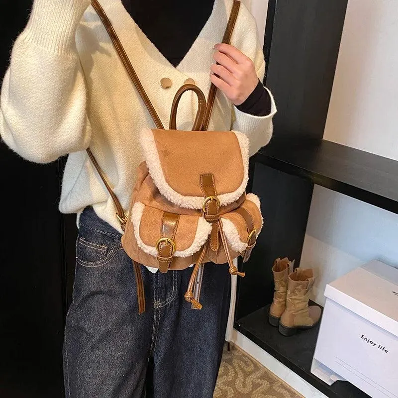 Suede Backpacks Small Faux Fur Contrast Edged Snap Drawstring Flap Outer Pockets