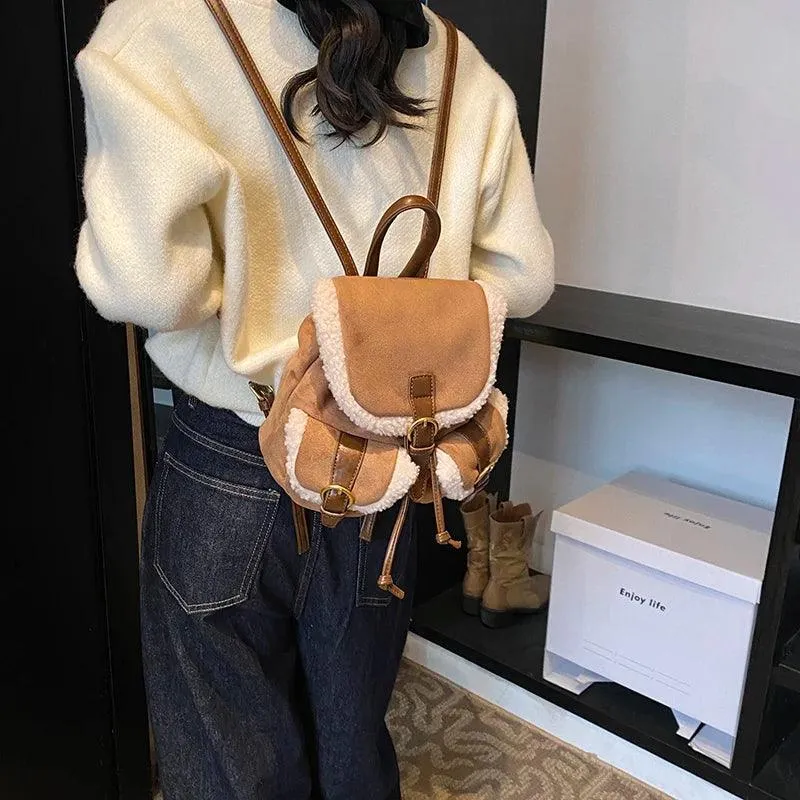 Suede Backpacks Small Faux Fur Contrast Edged Snap Drawstring Flap Outer Pockets