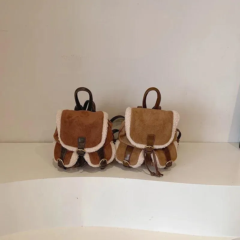 Suede Backpacks Small Faux Fur Contrast Edged Snap Drawstring Flap Outer Pockets