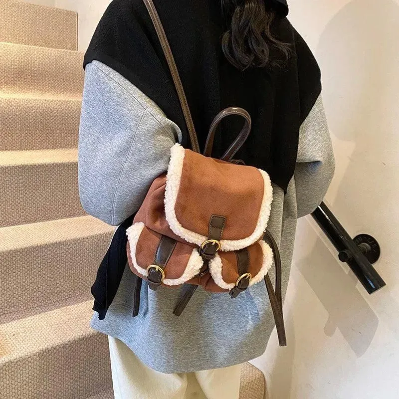 Suede Backpacks Small Faux Fur Contrast Edged Snap Drawstring Flap Outer Pockets