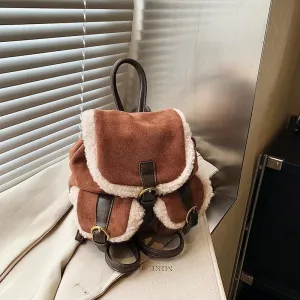 Suede Backpacks Small Faux Fur Contrast Edged Snap Drawstring Flap Outer Pockets