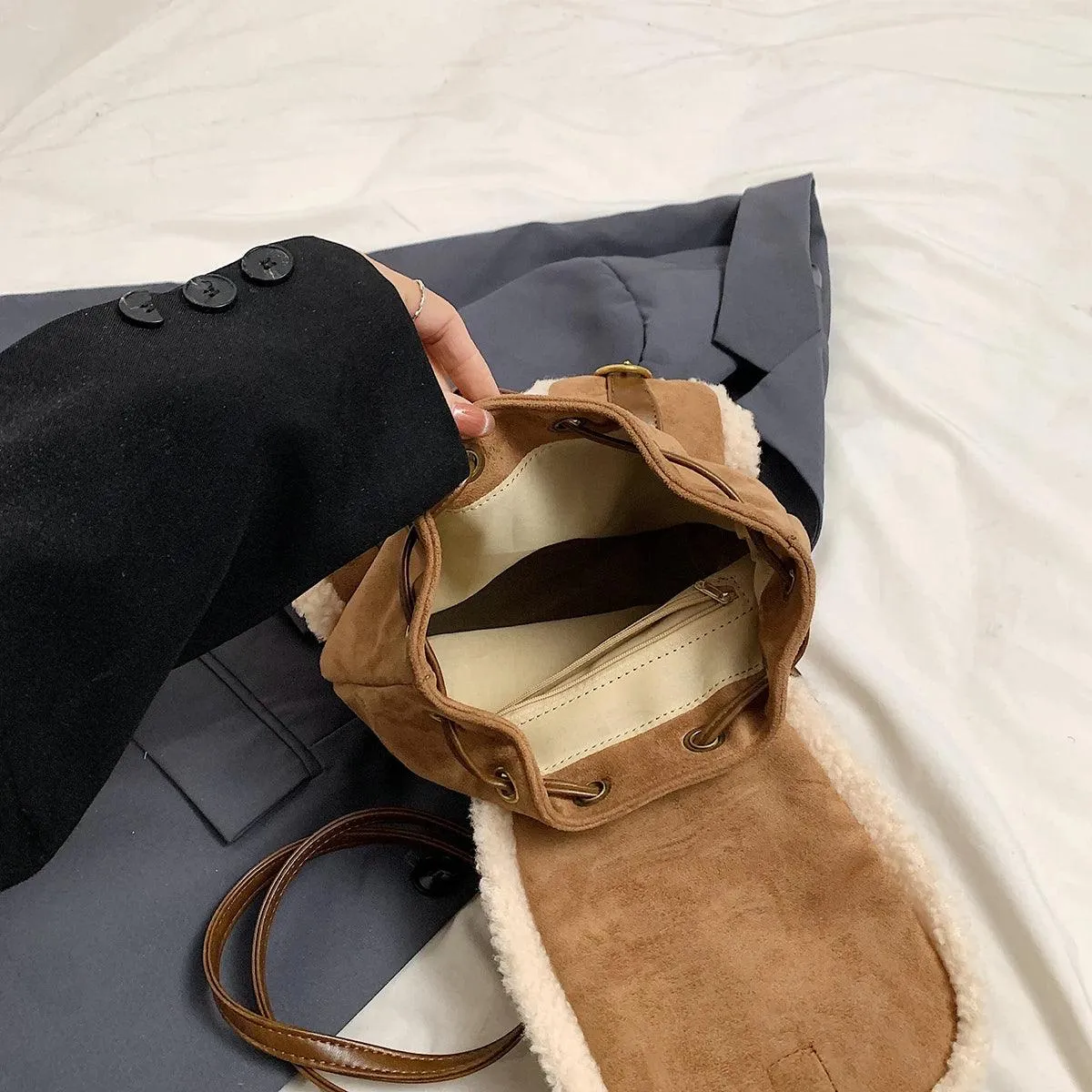 Suede Backpacks Small Faux Fur Contrast Edged Snap Drawstring Flap Outer Pockets