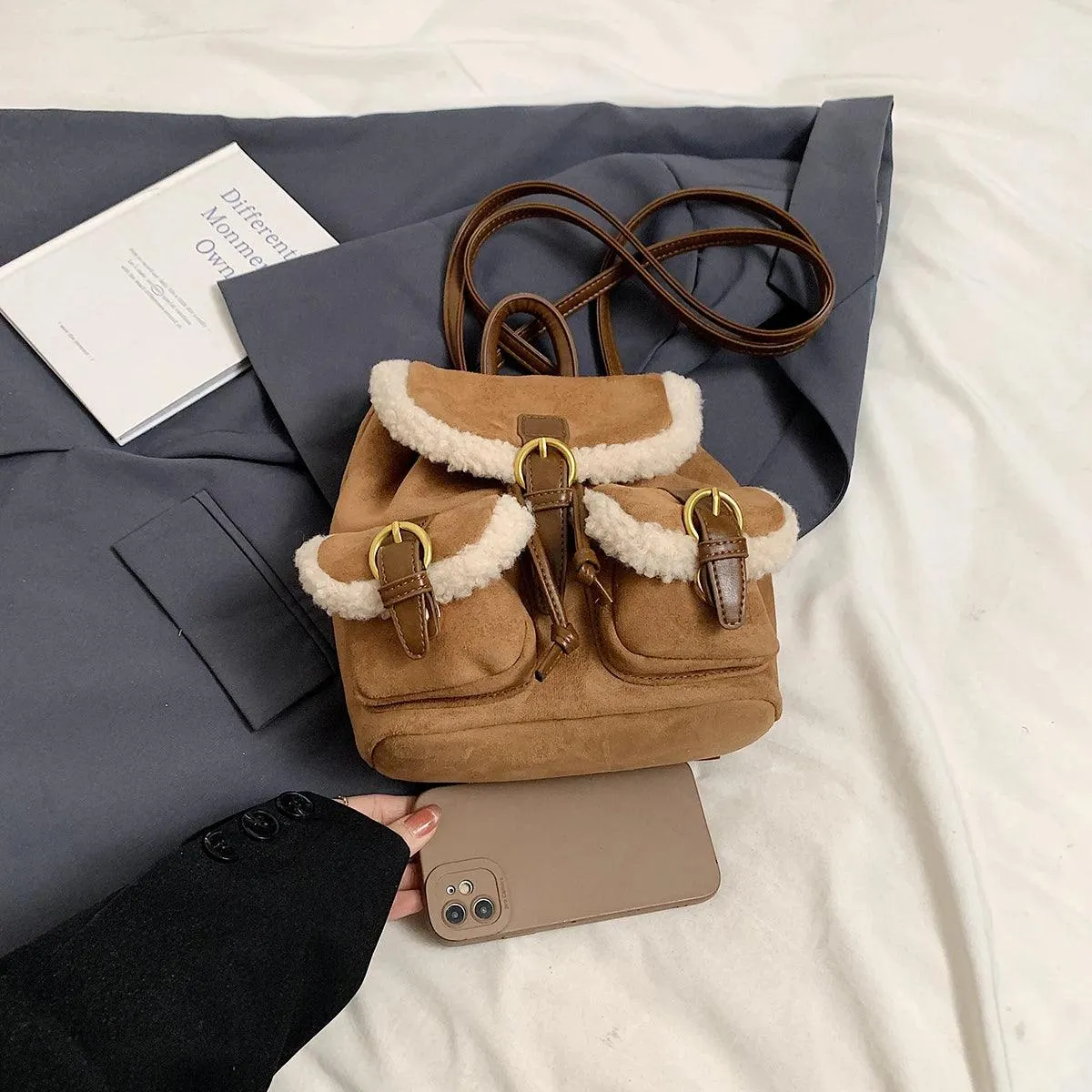 Suede Backpacks Small Faux Fur Contrast Edged Snap Drawstring Flap Outer Pockets