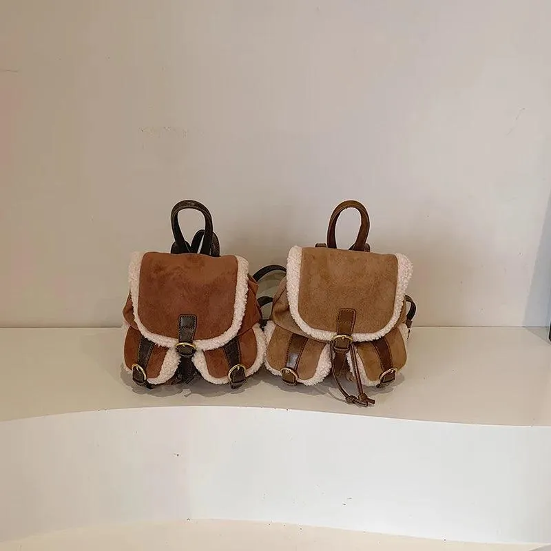 Suede Backpacks Small Faux Fur Contrast Edged Snap Drawstring Flap Outer Pockets